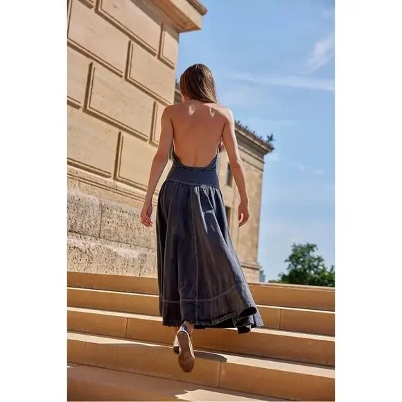 Free People Soundwave Denim Halter Maxi Dress in Black Size Small Bohemian  - www.disolcolor.com
